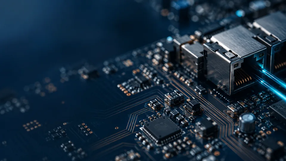 Macro illustration of a navy circuit board and network connectors